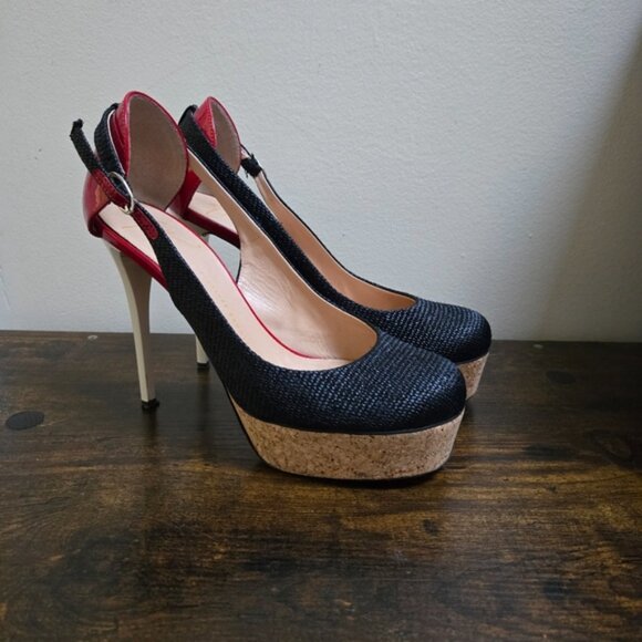 Giuseppe Zanotti Black Canvas Patent Leather Cork Platform Slingback Pumps - Picture 2 of 11